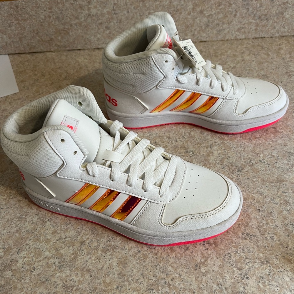 Adidas Hoops Mid 2.0K White Sneakers with Pink Highlights